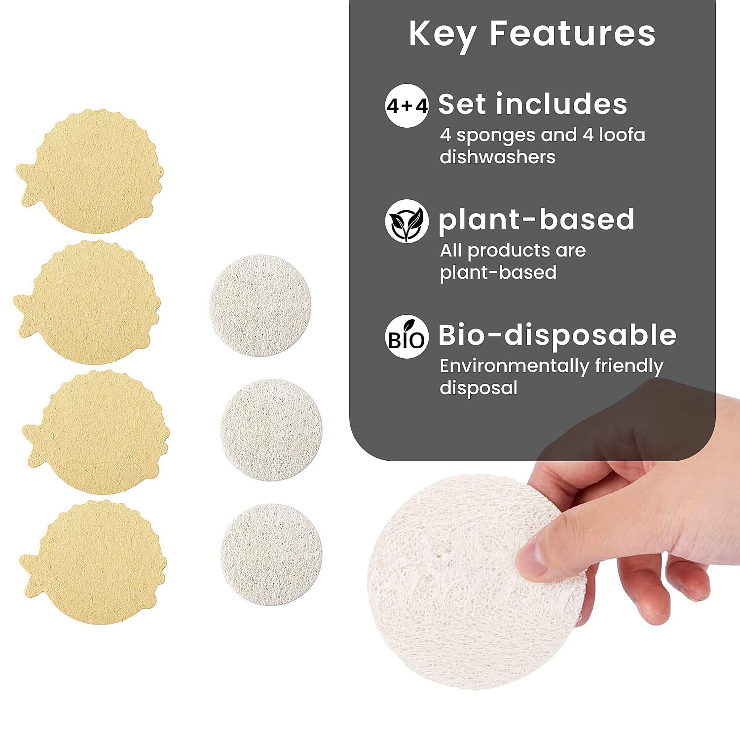 Biodegradable 8 Piece Set - 4 Pack of Fish Dispongeables & 4 Circular Discrubbables - Yellow & White